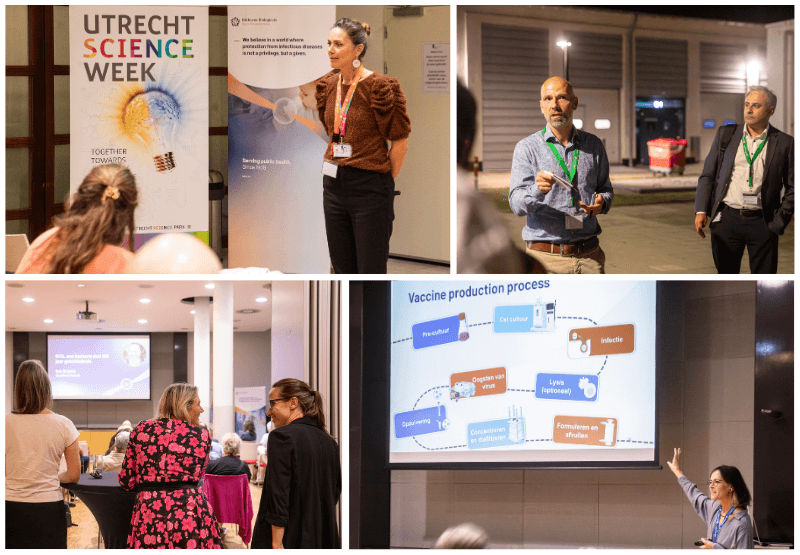 Collage van foto's van de sessie ''Zo maak je een vaccin'' van Bilthoven Biologicals