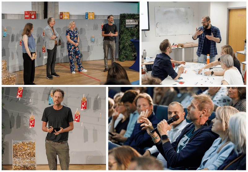 Collage van foto's van de dag van de duurzaamheid, met foto's van de sprekers, het publiek en een workshopsessie