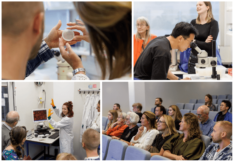 Collage van foto's van de Rondleiding in het Hubrecht Instituut. Fotoos' van onderzoekers en bezoekers met petrischaaltjes en een microscoop.