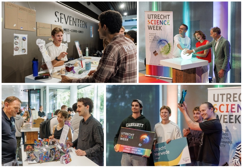Collage van foto's van de sustainable city challenge finale, met foto's van de markt waar alle ideeën tentoongesteld werden, de finale en het winnende team