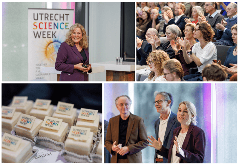 Een collage met beelden van de opening van de utrecht science week, foto's van juliette legler, petra baarendse, het publiek en petit fours met het logo van de utrecht science week erop