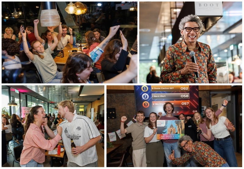 Collage van foto's van de pub quiz, met juichende deelnemers en de host