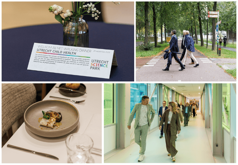 Een collage met foto's van het Walking Dinner. Foto's die van de ene naar de andere locatie wandelen en een foto van een bord eten tijdens een van de sessies.
