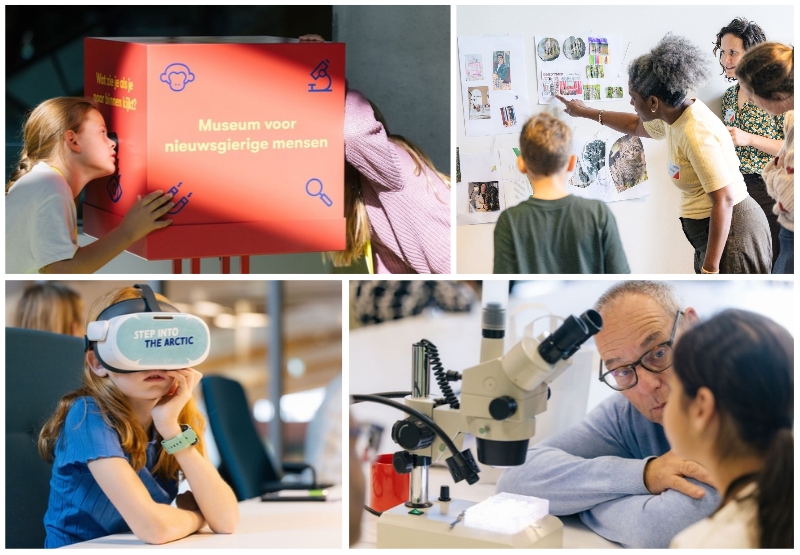 Collage van foto's van kinderen en wetenschappers tijdens Weekend van de Wetenschap